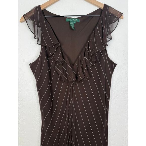 Lauren Ralph Lauren Vintage Y2K Silk Brown Pinstripe Ruffle Midi Dress Size 16 - Picture 2 of 4